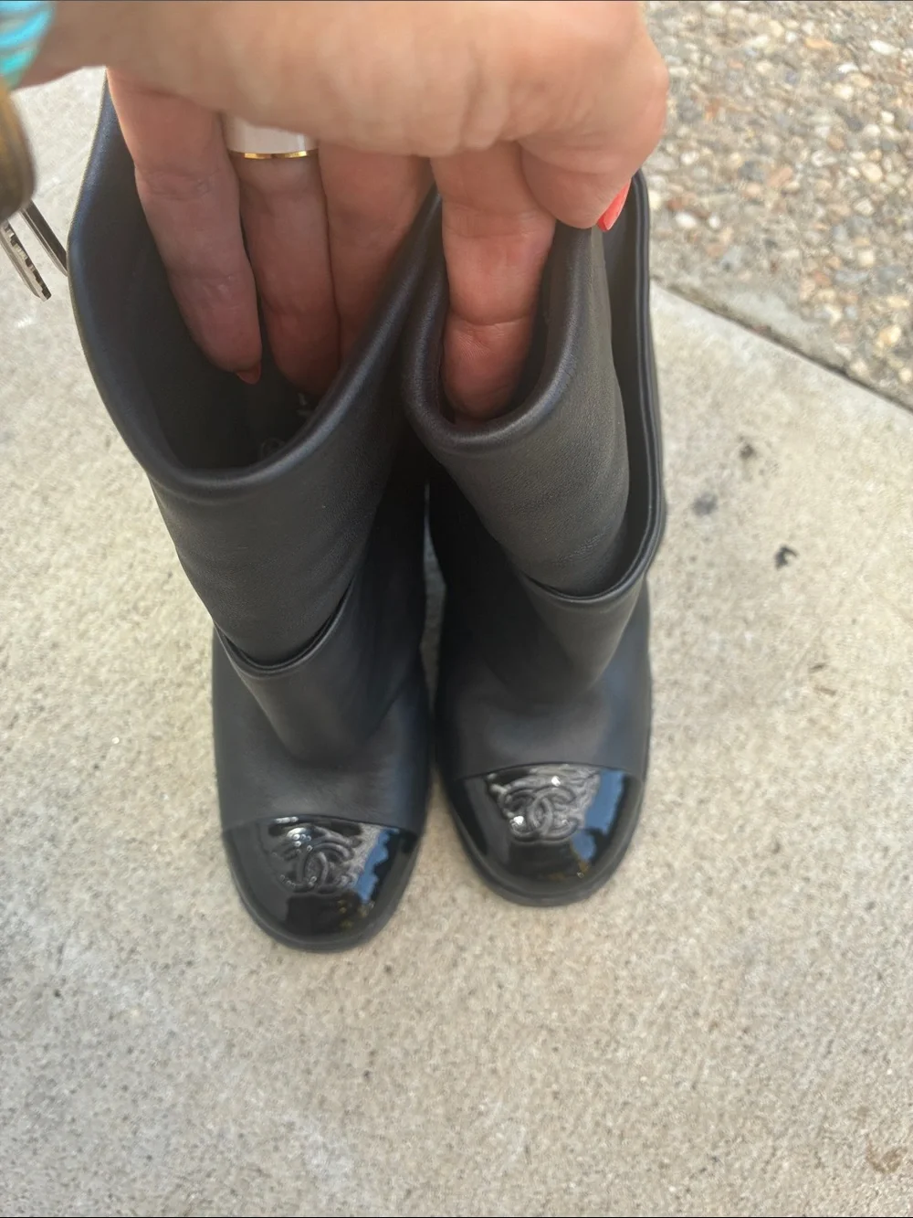 CHANEL Black Leather Fold-Over Mid-Calf Boots with Patent Cap Toe Logo